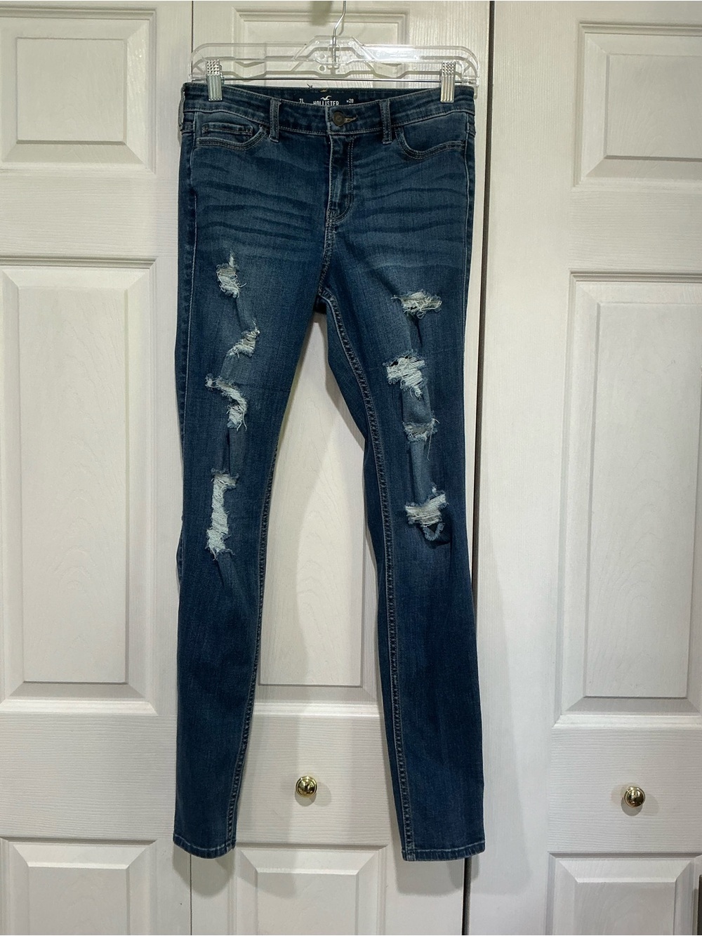💙 Hollister Mid-Rise Super Skinny Blue Distressed Denim Jeans 7 / 28 (01573)